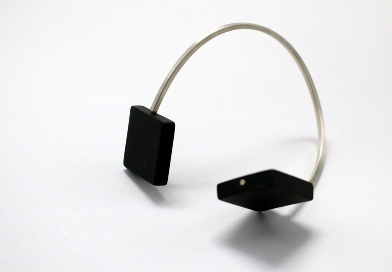 silver line bracelet with square black agates