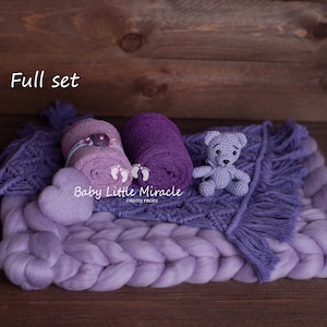 Photo props set, Newborn Photography, Photo Prop, Newborn set,Newborn photo prop, Photography, Lilac newborn set, Chunky wool, Newborn wrap