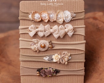 Headbands set, beige headbands set, baby headbands, baby elastic headbands, boho headbands set, newborn photo prop, baby photo prop