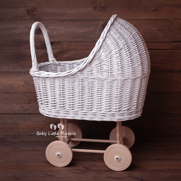 White wicker trolley, trolley for dolls, wicker stroller, wicker cart, photo props, wooden photo prop, baby cariage, handmade trolley