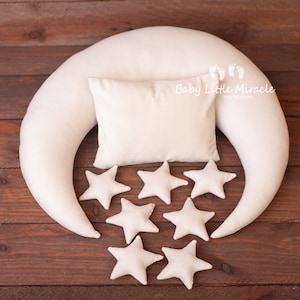 Ivoor fluwelen maan met kleine 7 sterren, poserende kussenmaan, fotorekwisiet, maankussen, pasgeboren fotorekwisieten, pasgeboren kussen, babyshowercadeau