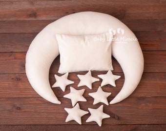 Elfenbensvit sammetsmåne med små 7 stjärnor, poseringskuddemåne, fotorekvisita, månkudde, nyföddfotorekvisita, nyföddkudde, babyshowerpresent