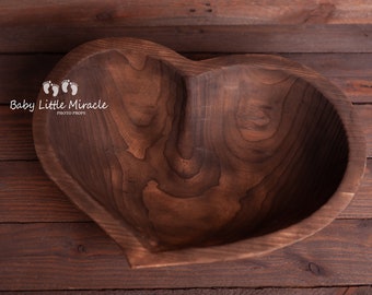 Unique heart bowl, wooden heart bowl, natural wooden bowl, newborn photo prop, heart photo prop, baby photography, brown heart bowl