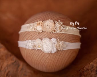 Cream boho headband, white boho headband, baby elastic headband, photo prop, newborn headband, Baby shower gift, christening headband