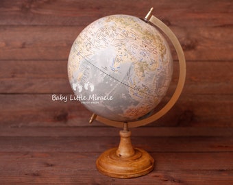 Grand globe terrestre avec pied en bois, accessoire photo en bois, accessoire photo, séance d'anniversaire, accessoire photo globe, accessoire photo bébé, globe vintage, globe rustique