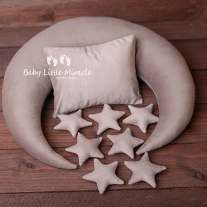 Beige velvet moon with little 7 stars, posing pillow moon, photo prop, moon pillow, newborn photo props, newborn pillow, baby shower gift