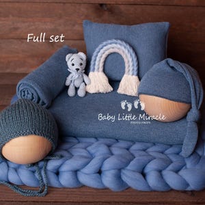 Denim newborn set, blue newborn set, newborn photo prop, newborn set, rainbow newborn set, knitted newborn teddy, baby shower gift
