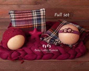 Conjunto navideño para recién nacidos, fotografía de recién nacidos, accesorio para fotos de recién nacidos, conjunto para recién nacidos, accesorio para fotos rojo, conjunto para recién nacidos burdeos, almohada a cuadros para recién nacidos