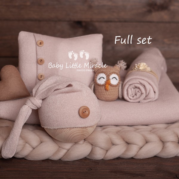 Photo props set, Newborn Photography, Photo Prop, Newborn set, Newborn photo prop, Photography, Beige newborn set, Beige wrap, owl newborn