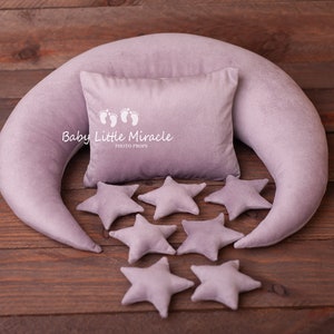 Lilac velvet moon with little 7 stars, posing pillow moon, photo prop,moon pillow,newborn photo props,newborn pillow,baby shower gift
