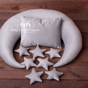 Light grey velvet moon with little 7 stars, posing pillow moon, photo prop,moon pillow,newborn photo props,newborn pillow,baby shower gift