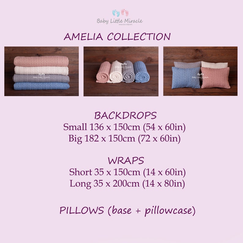 Puede incluir: La colecci&oacute;n Amelia presenta fondos, envolturas y almohadas para fotograf&iacute;a de beb&eacute;s. La imagen muestra mantas apiladas y enrolladas en rosa, blanco, gris y azul. Los fondos est&aacute;n disponibles en 136 x 150 cm y 182 x 150 cm.