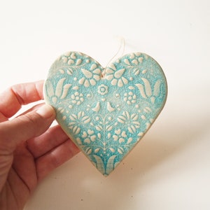 Blue Ceramic Heart, Large ceramic wall hanging heart, heart ornament, heart wall decor, rustic home decor, heart gift