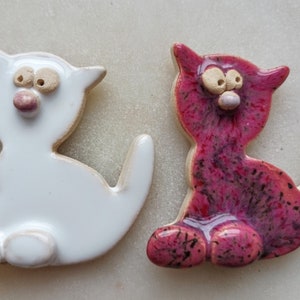 Handmade Ceramic Cat Magnets: White & Pink Kitchen Decor (Set of 2)