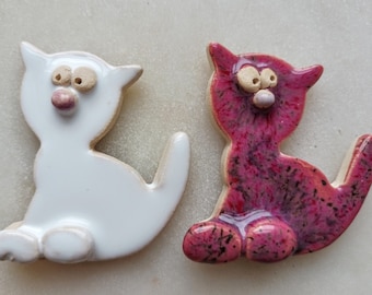 2 White / Dark Pink Fridge Magnets • Kitchen Decor Handmade Ceramic Cat Magnets • Cat Lover Gift •  Housewarming • Party Favor - Unique Cats