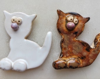 2 White / Bronze Fridge Magnets • Kitchen Decor Handmade Ceramic Cat Magnets • Cat Lover Gift •  Housewarming • Party Favors - Unique Cats