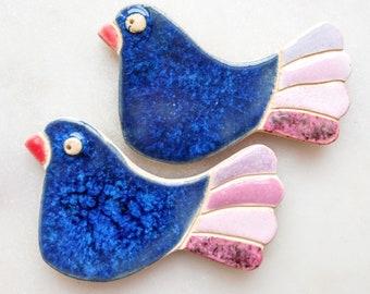 Blue Handmade Ceramic Bird Magnets • Set of 2 Fridge Magnets for Kitchen Decor • Housewarming Gift • Cute Animal Magnets Gift • Set for Her