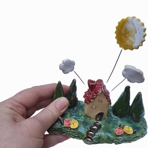 Handmade Ceramic Sweet Miniature House • Housewarming Gift • Rustic Home Decor • Rain And Clouds • Home Decor • Garden Decor • Welcome Home