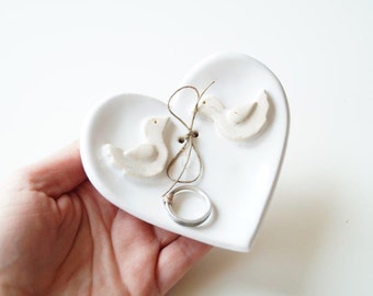 Love Birds Ring Dish • Heart Shaped Ceramic Plate, Wedding Gift