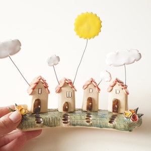 Handmade Ceramic Miniature House: Rustic Sun & Clouds Decor