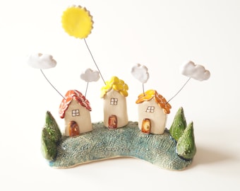 Handmade Ceramic Sweet Miniature House • Housewarming Gift • Rustic Home Decor • Sun and Clouds • Home Decor • Garden Decor • Welcome Home