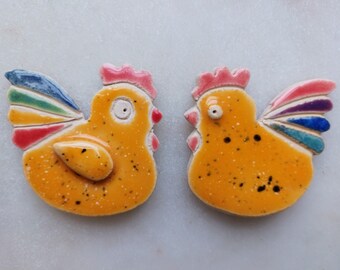 2 Gold Hen Magnets • Handmade Ceramic Set • Easter & Housewarming Gift • Kitchen Decor • Unique Bird Refrigerator Magnets • Gift for Her