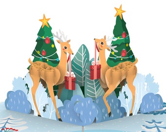 Christmas Deers Pop Up Card, Christmas Greeting Card, Holiday Cards, Xmas Pop Up Greeting Card, Christmas Cards, Christmas 3D Greeting Card