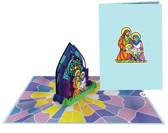 Unipop™ Holy Family Stained Glass Pop Up Card, Religious Christmas Card, Family Xmas Card, Christmas Card Pop Up, Merry Xmas Card for Mom