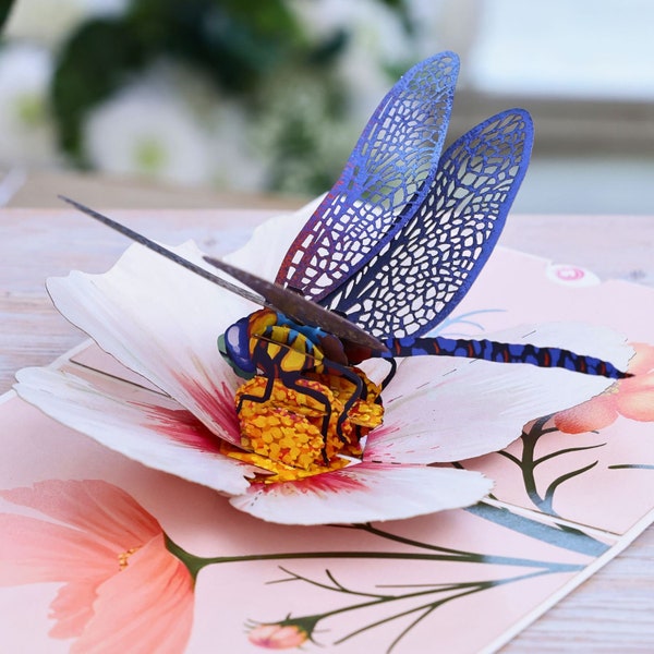 Unipop Dragonfly & Cosmos Flower Pop Up Card, Birthday Card for Women,  Mothers Day Card, Anniversary card for Wife, Pop Up Birthday Card