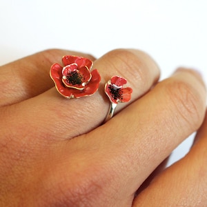 925 Silver Contrariè Vallmo Ring – Handgjord och handmålad – Justerbara handgjorda blommiga smycken