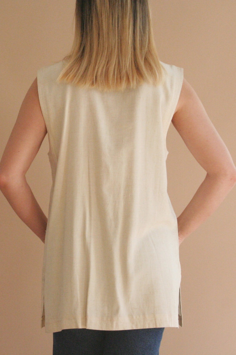 minimalist v-neck beige linen button down sleeveless blouse vest