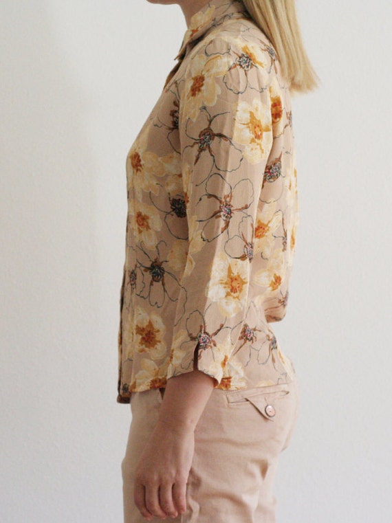 90s beige floral print viscose button-down blouse… - image 2