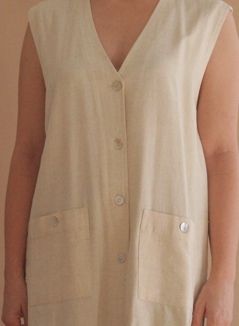 minimalist v-neck beige linen button down sleeveless blouse vest