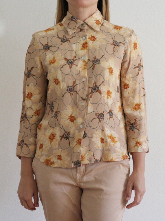 90s beige floral print viscose button-down blouse… - image 1