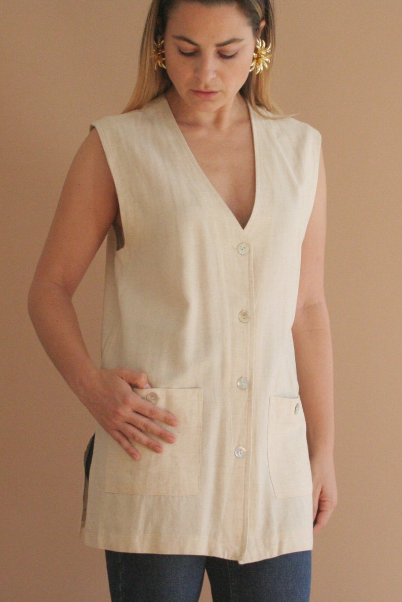 minimalist v-neck beige linen button down sleeveless blouse vest