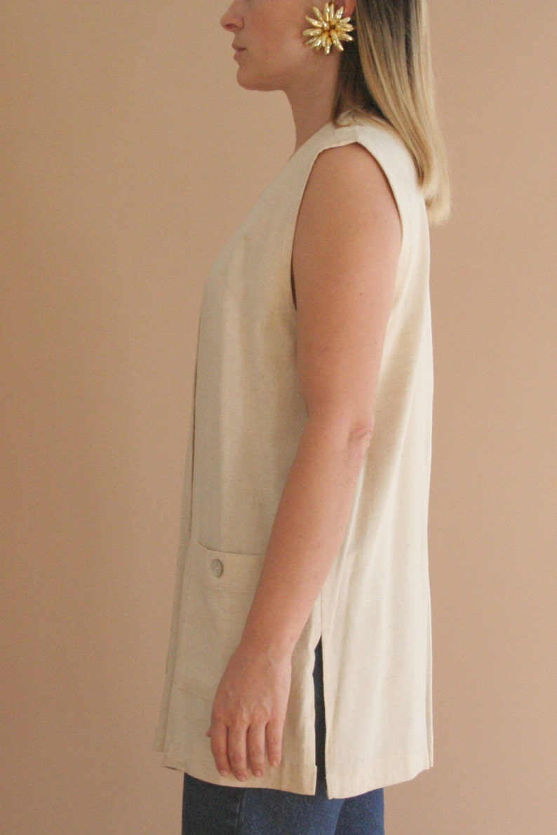 minimalist v-neck beige linen button down sleeveless blouse vest