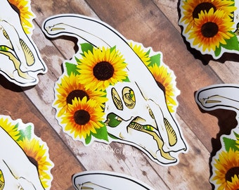 Sunflower - Vinyl Die Cut Sticker, Parasaurolophus Skull, Petals, Yellow Flowers, Dinosaurs, Parasaur