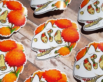 Marigold - Vinyl Die Cut Sticker, Carnotaurus Skull, Petals, Orange Flowers, Dinosaurs, Carno