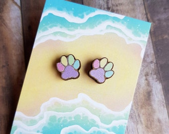 Rainbow Paws Wooden Earrings - Surgical Steel, Toe Beans, Cute Paws, Puppy & Kitten