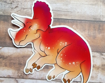 Strawberry Triceratops - Clear Vinyl Sticker (10cm) Red & Pink Dinosaur, Fruit Themed Sticker