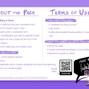 Puede incluir: Una ilustraci&oacute;n morada y blanca de un gatito de dibujos animados con un globo de di&aacute;logo que dice "Made by Indwolf". El texto "About the Pack" y "Terms of Use" est&aacute;n en la parte superior de la imagen. La imagen incluye instrucciones sobre c&oacute;mo usar el paquete y un c&oacute;digo QR para escanear.