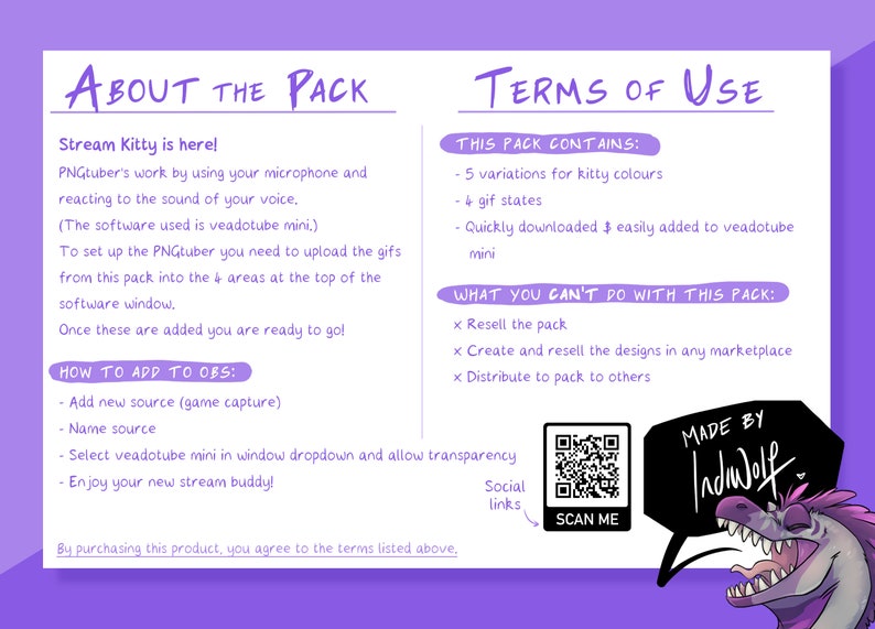 Puede incluir: Una ilustraci&oacute;n morada y blanca de un gatito de dibujos animados con un globo de di&aacute;logo que dice "Made by Indwolf". El texto "About the Pack" y "Terms of Use" est&aacute;n en la parte superior de la imagen. La imagen incluye instrucciones sobre c&oacute;mo usar el paquete y un c&oacute;digo QR para escanear.