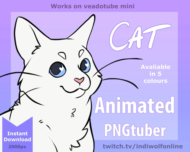 Puede incluir: Avatar PNGtuber animado de gato blanco con ojos azules y nariz rosa. El avatar est&aacute; disponible en 5 colores y se puede usar en la plataforma Veadotube Mini. El texto "CAT" est&aacute; escrito en letras blancas grandes sobre un fondo morado. El texto "Animated PNGtuber" est&aacute; escrito en letras negras sobre un fondo morado. El texto "twitch.tv/indiwolfonline" est&aacute; escrito en letras negras sobre un fondo morado.