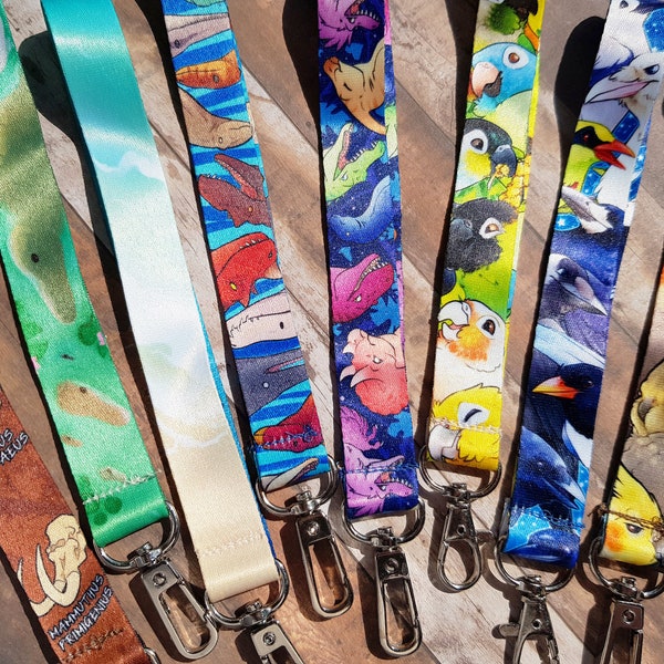 Upcycled Keyfobs - Cute Wristlet for Keys, Dinosaur, Fossil, Pet Bird, Beach, Crocs