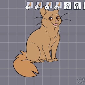 Puede incluir: Una ilustraci&oacute;n de dibujos animados de un gato marr&oacute;n y naranja con un pecho blanco, sentado con la cola enroscada detr&aacute;s de &eacute;l. El gato tiene una amplia sonrisa y grandes ojos marrones.