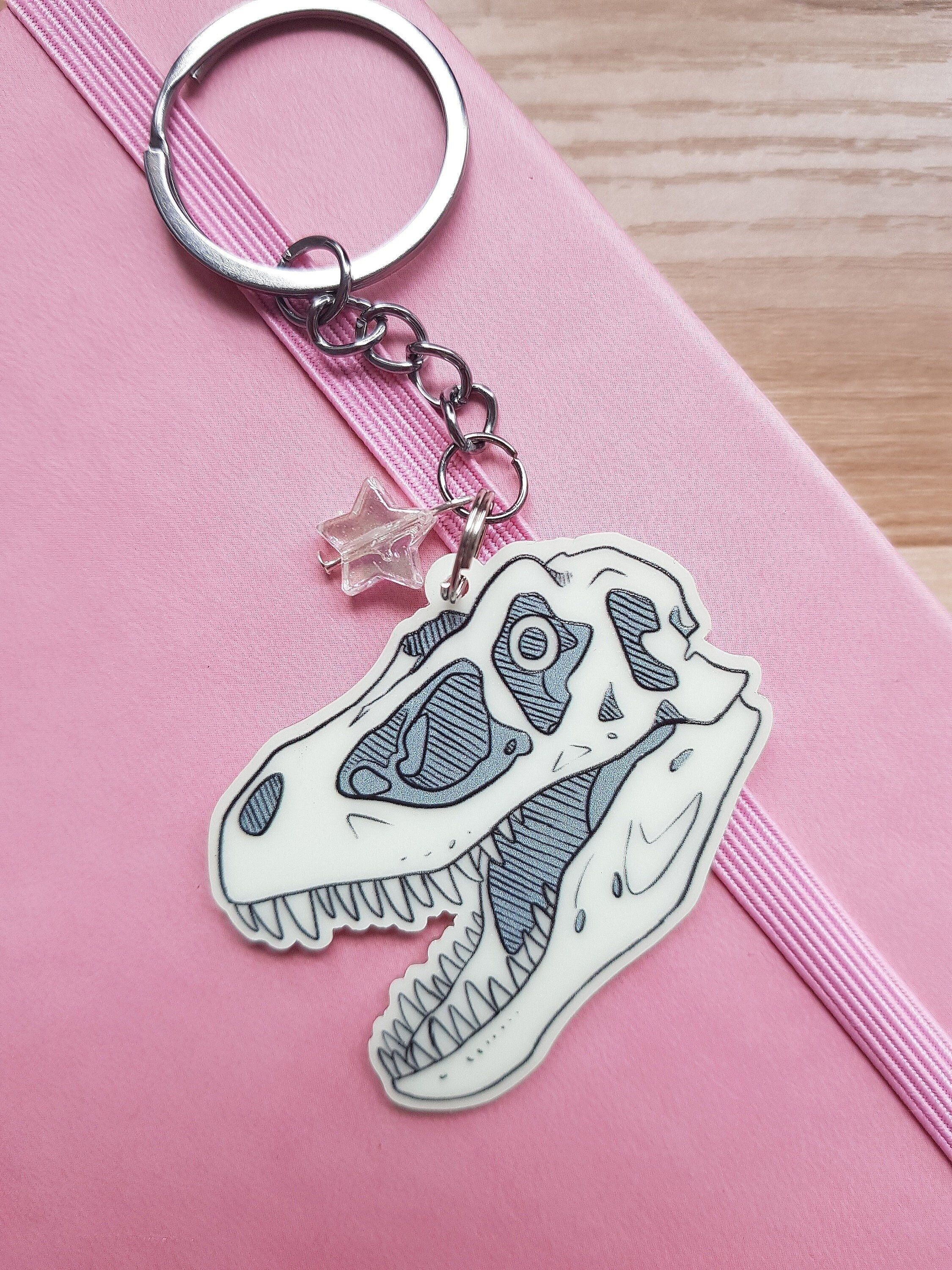 T-rex Skull Keyring Glow in the Dark, T-rex Gifts, Dino Keychain