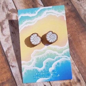 Ammonite Wooden Earrings - Surgical Steel, Marine Fossil, Eco Friendly Earrings for Sensitive Ears