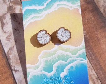 Ammonite Wooden Earrings - Surgical Steel, Marine Fossil, Eco Friendly Earrings for Sensitive Ears