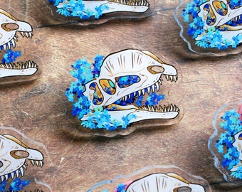 Forget me Not Acrylic Pin - Blue flowers, Dilophosaurus Skull, Spring Flowers, Forgotten Bones, Skull Artwork