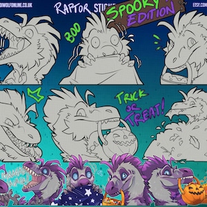 Puede incluir: Ilustración digital de criaturas parecidas a dinosaurios en varias poses, con el texto "RAPTOR STICKERS SPOOKY EDITION". La imagen incluye las frases "MWAHAHA HAHAHA!!" y "TRICK OR TREAT!" en un tema de Halloween.